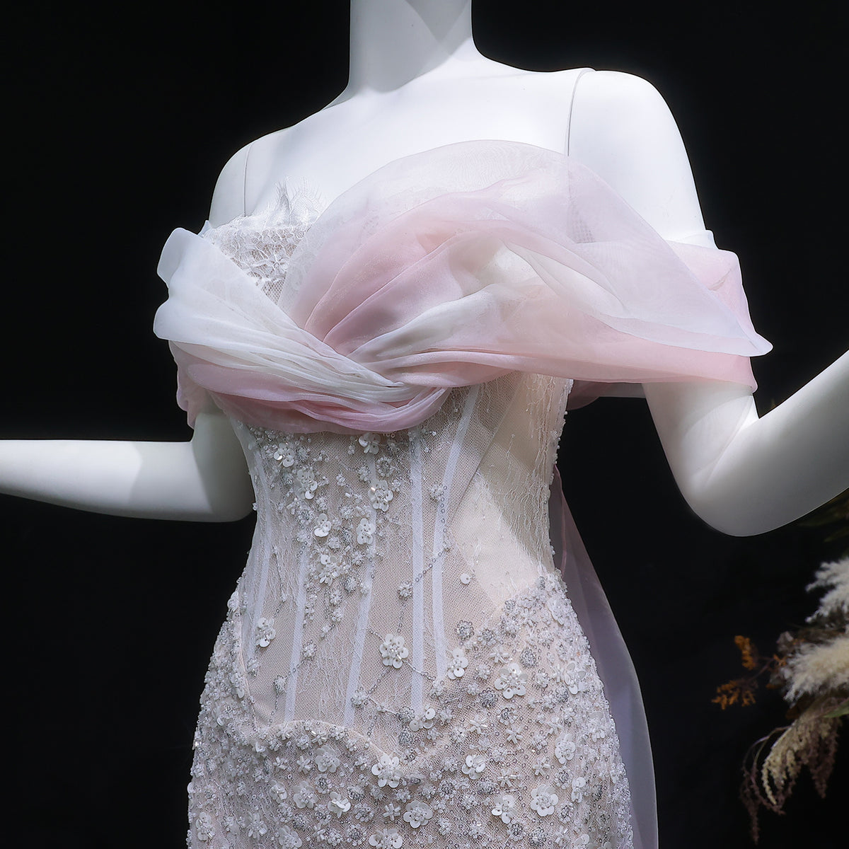 Elegant Blush Pink Draped Sequin Off-the-Shoulder Evening Dress SS519