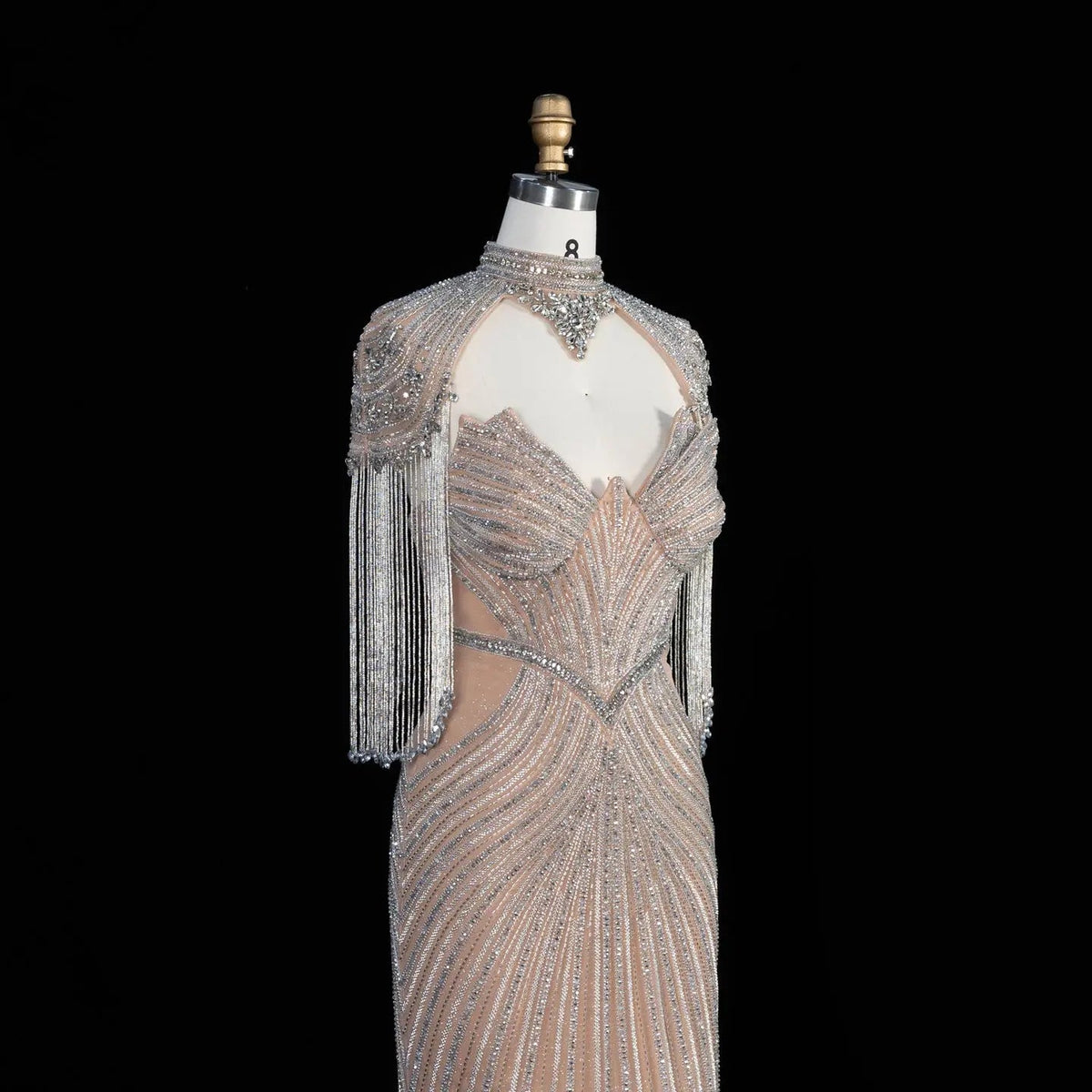 Pink Crystal Embellished Mermaid Gown with Shoulder Tassel Details SS067