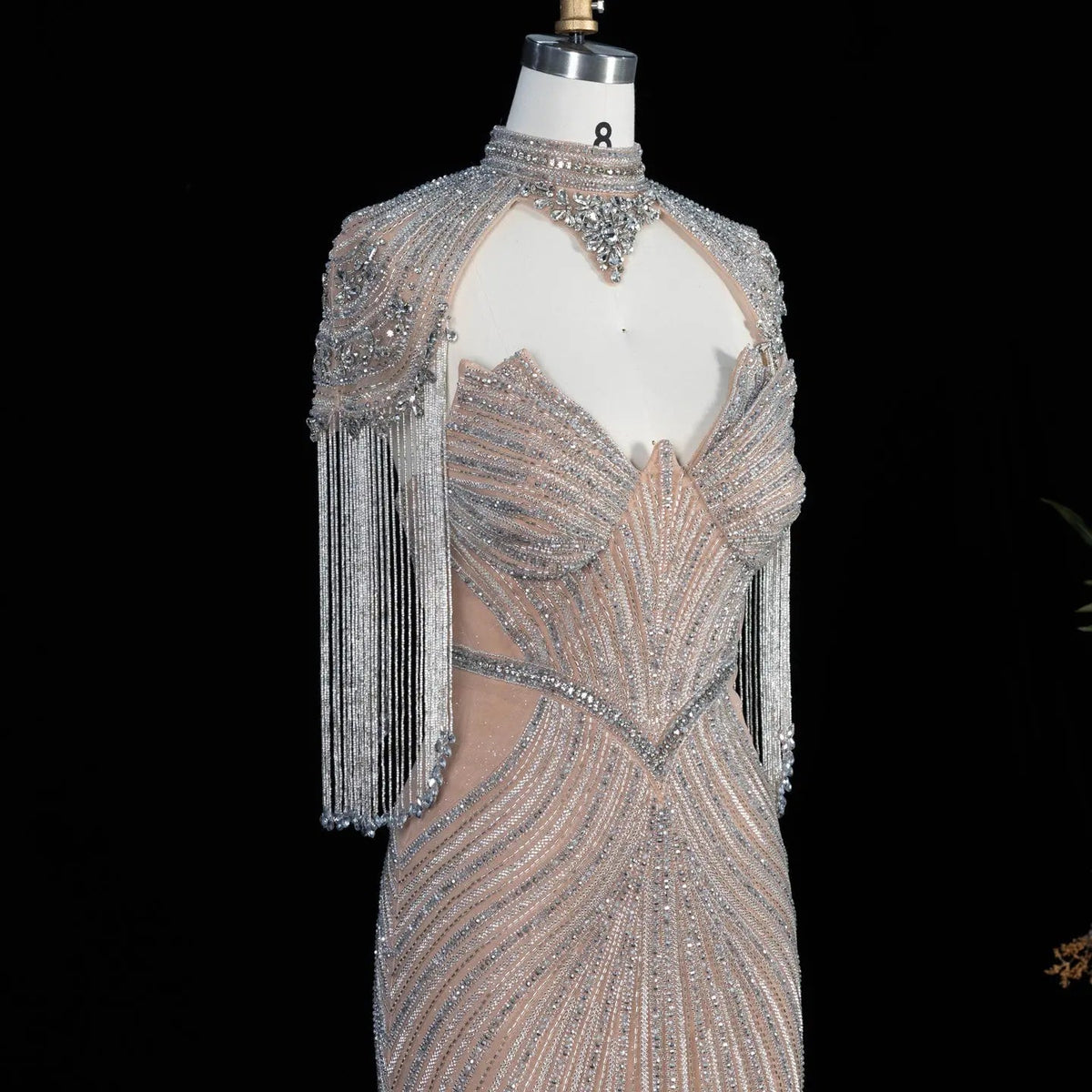 Pink Crystal Embellished Mermaid Gown with Shoulder Tassel Details SS067
