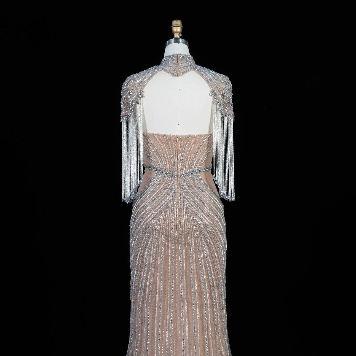 Pink Crystal Embellished Mermaid Gown with Shoulder Tassel Details SS067