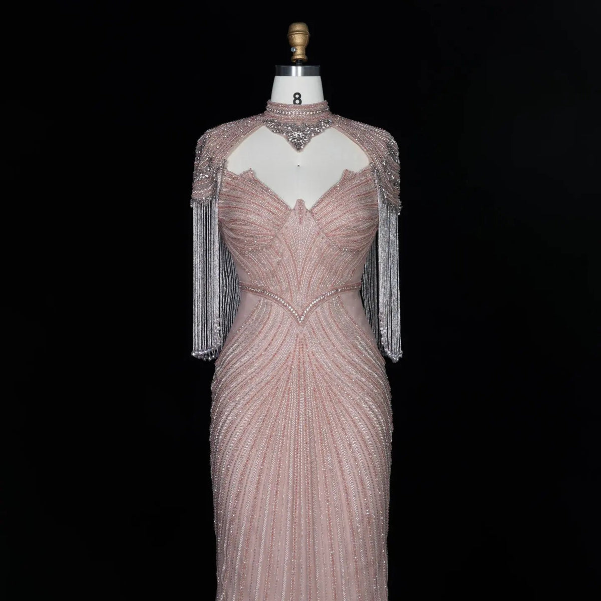 Pink Crystal Embellished Mermaid Gown with Shoulder Tassel Details SS067