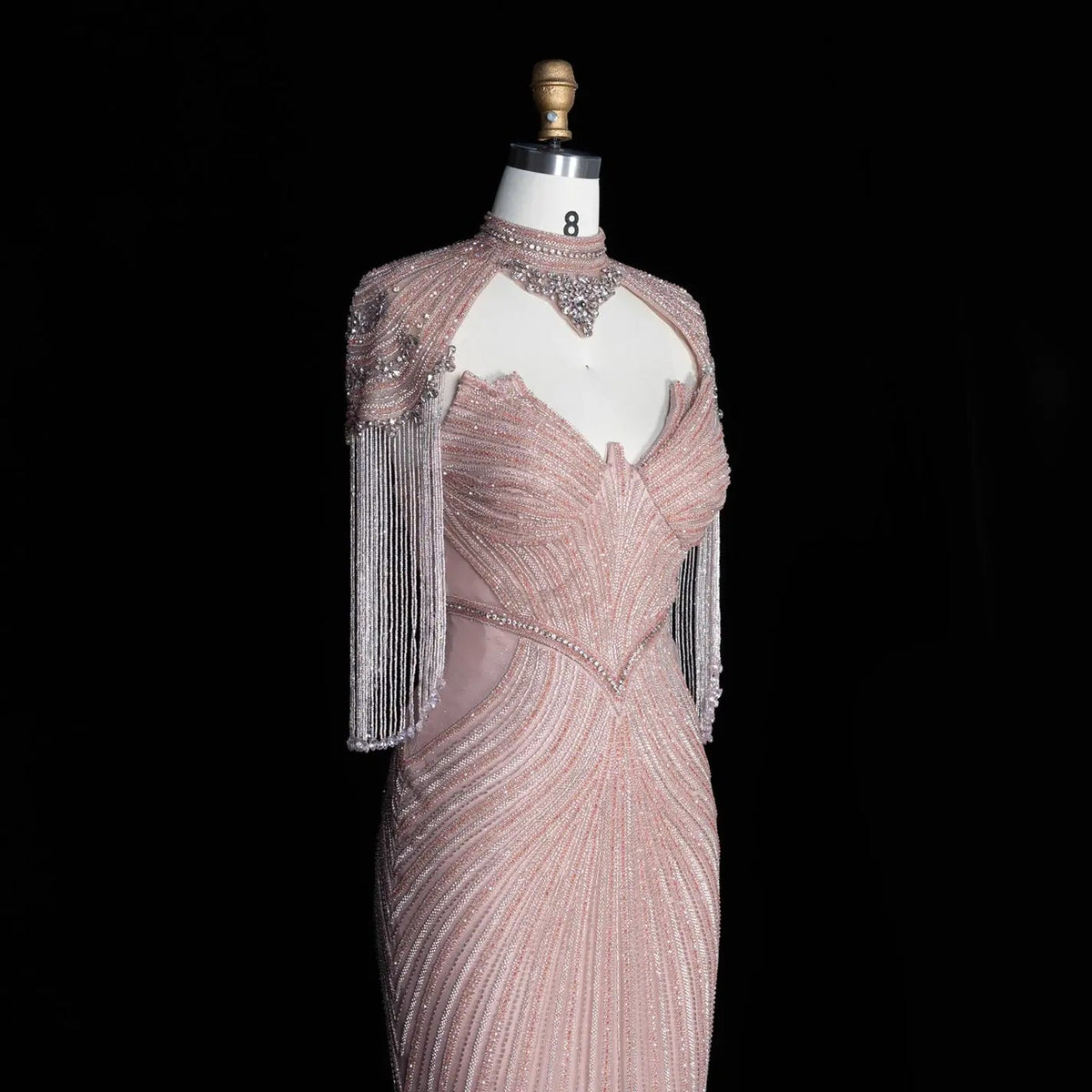 Pink Crystal Embellished Mermaid Gown with Shoulder Tassel Details SS067