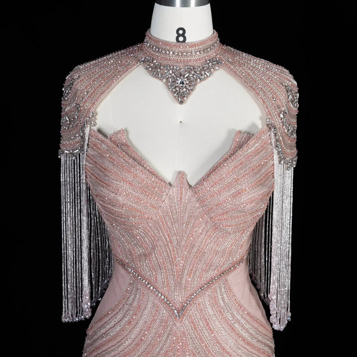 Pink Crystal Embellished Mermaid Gown with Shoulder Tassel Details SS067