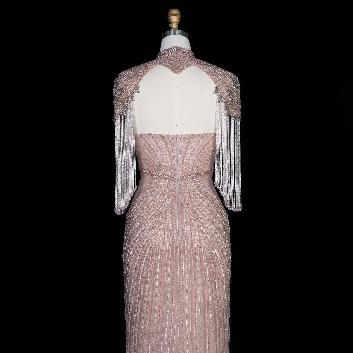 Pink Crystal Embellished Mermaid Gown with Shoulder Tassel Details SS067