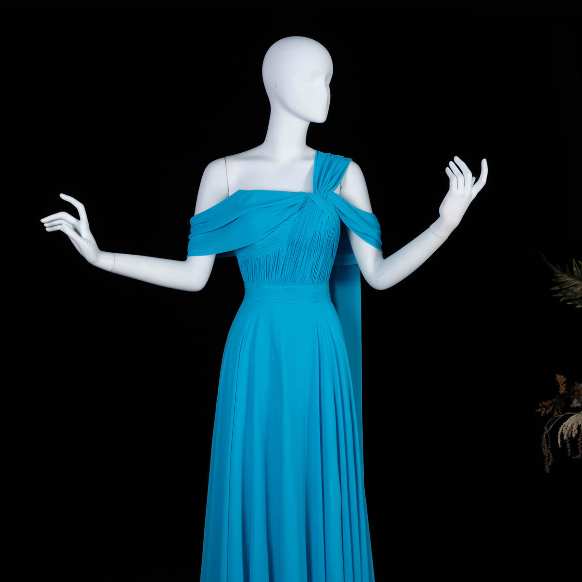 Luxury Blue Cold Shoulder Cross Neck Flowy Cape Evening Dress SF067