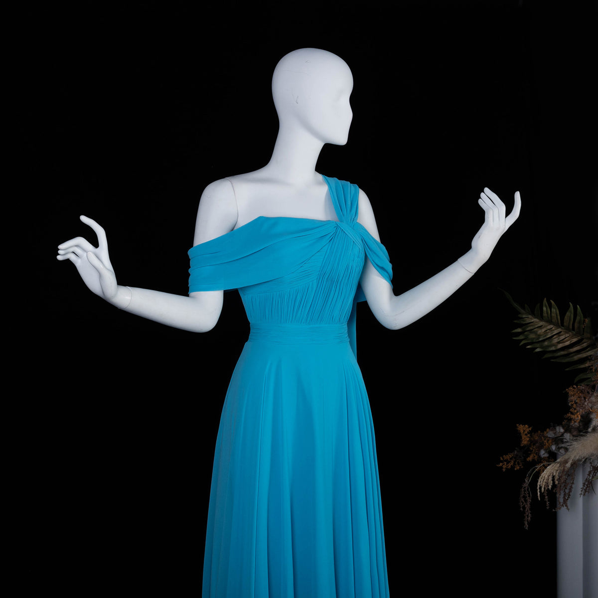 Luxury Blue Cold Shoulder Cross Neck Flowy Cape Evening Dress SF067