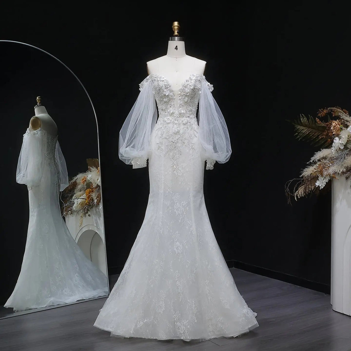 White  Off‑The‑Shoulder Puff Sleeve 3D Floral Mermaid Wedding Dress SW630