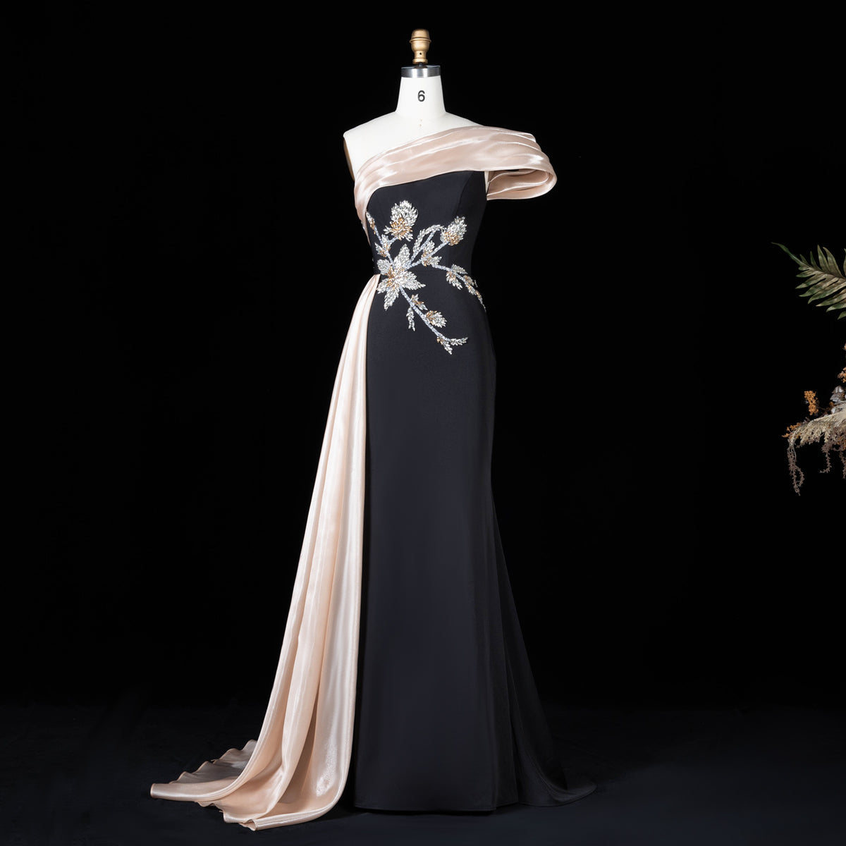 Elegant Satin 3D Floral Embroidery One-Shoulder  Evening Dress SF414