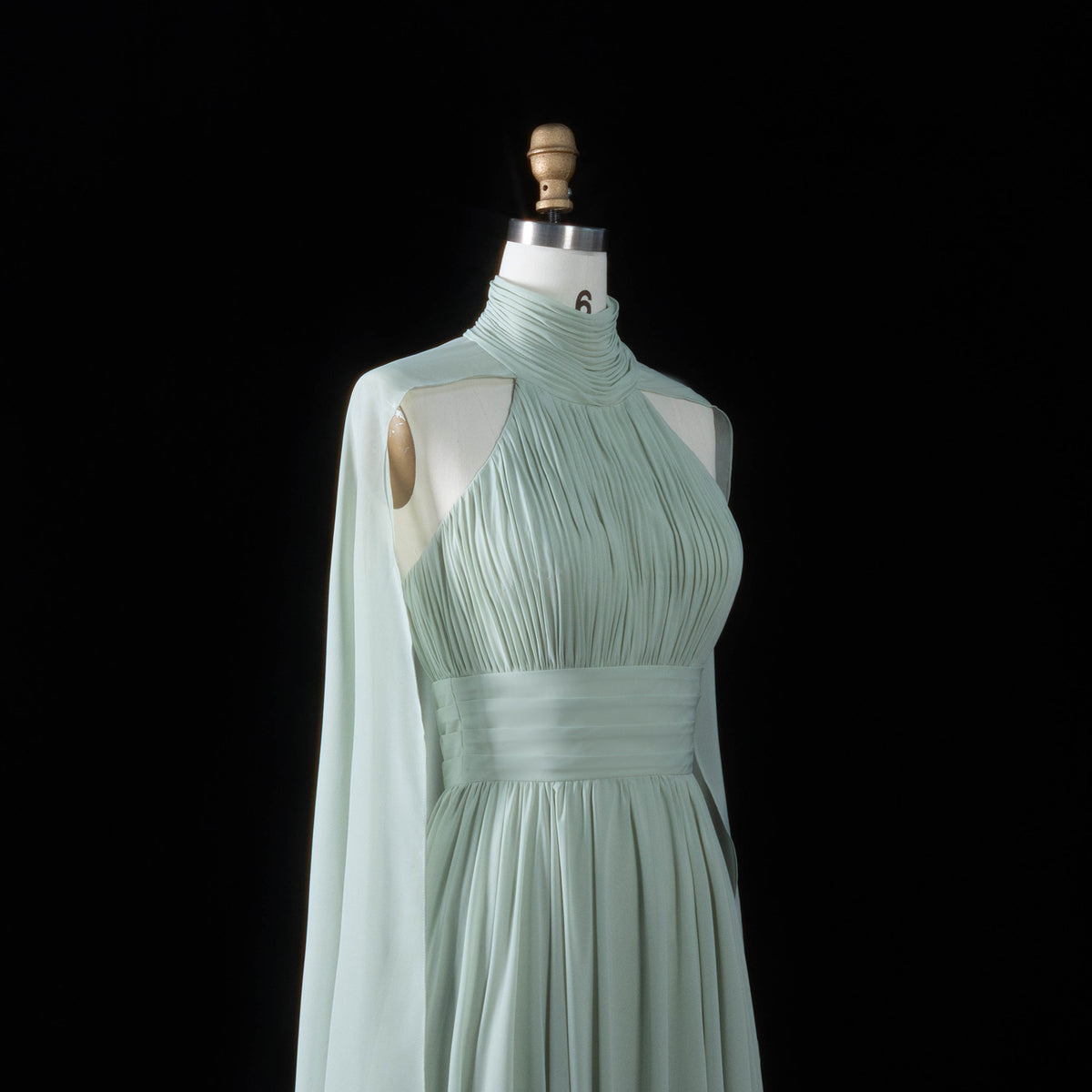 Glamorous Sage Green Airy Pleat Mesh Side Cape Stream A-Line Evening Dress SF187
