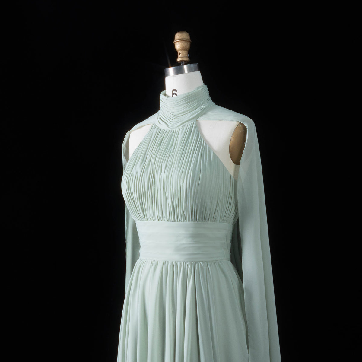 Glamorous Sage Green Airy Pleat Mesh Side Cape Stream A-Line Evening Dress SF187