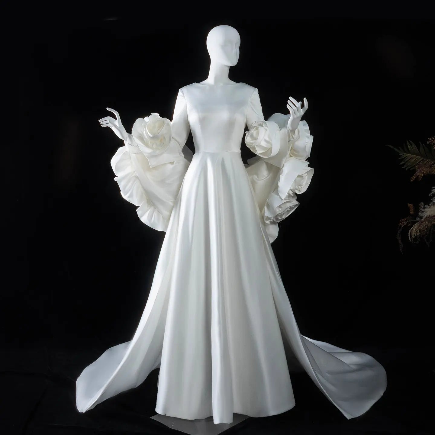 Ivory Romantic A-Line Satin Wedding Dress 3D Rose Floral With Veil SW661 - Ivory