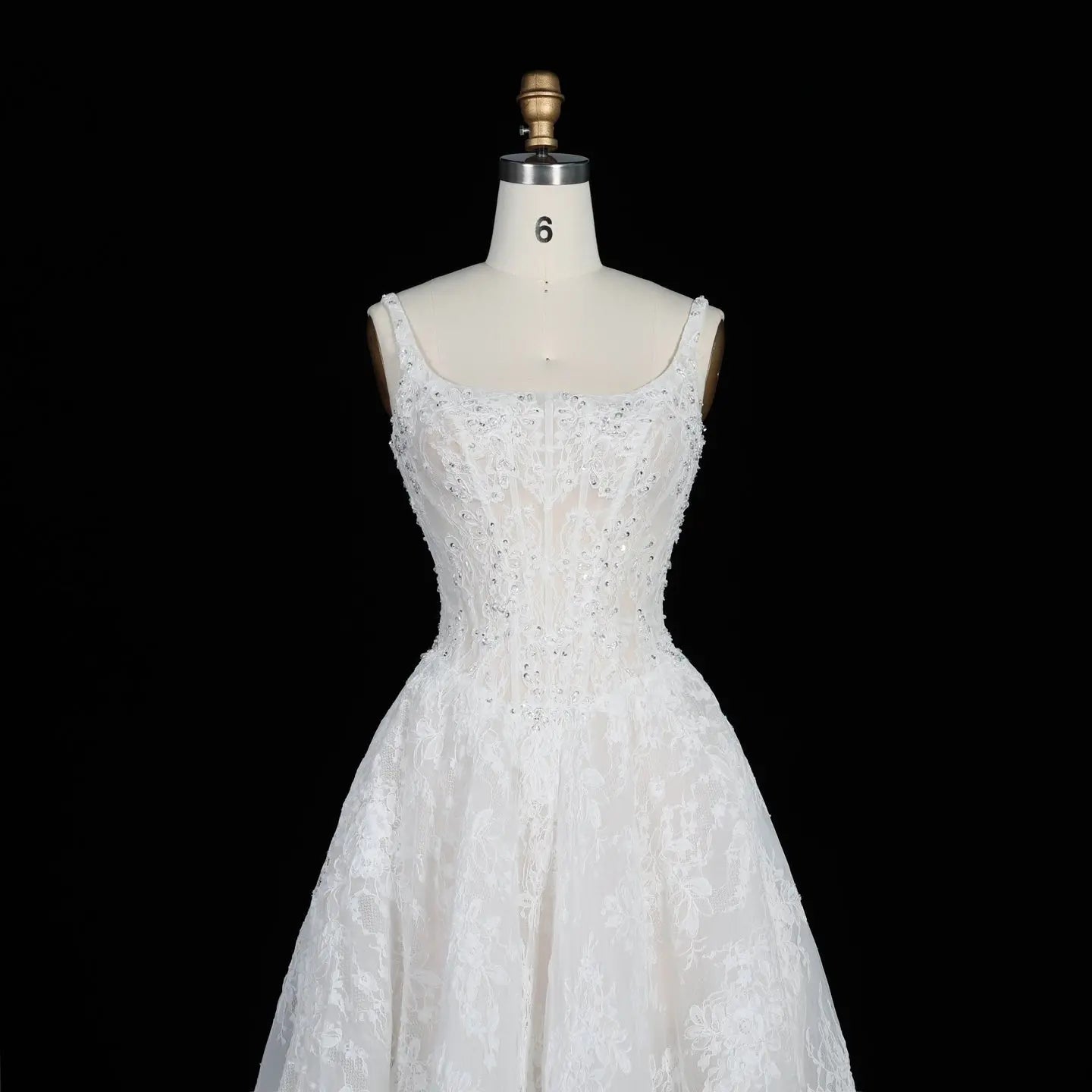 White Lace Spaghetti Strap Bridal Gown Square Neck Beaded Corset Ball Gown SW612 - White
