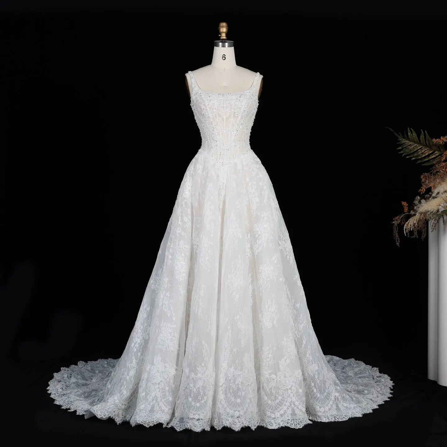 White Lace Spaghetti Strap Bridal Gown Square Neck Beaded Corset Ball Gown SW612 - White