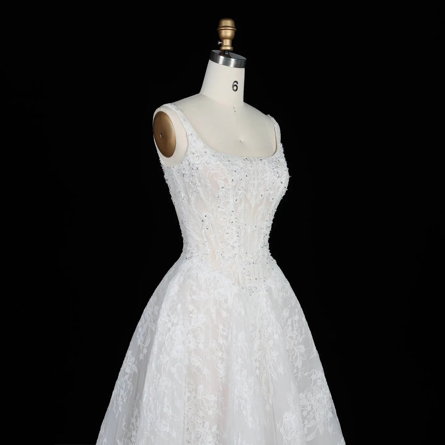 White Lace Spaghetti Strap Bridal Gown Square Neck Beaded Corset Ball Gown SW612 - White