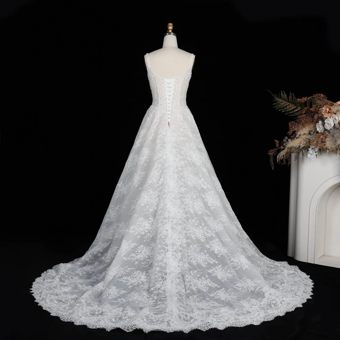 White Lace Spaghetti Strap Bridal Gown Square Neck Beaded Corset Ball Gown SW612 - White