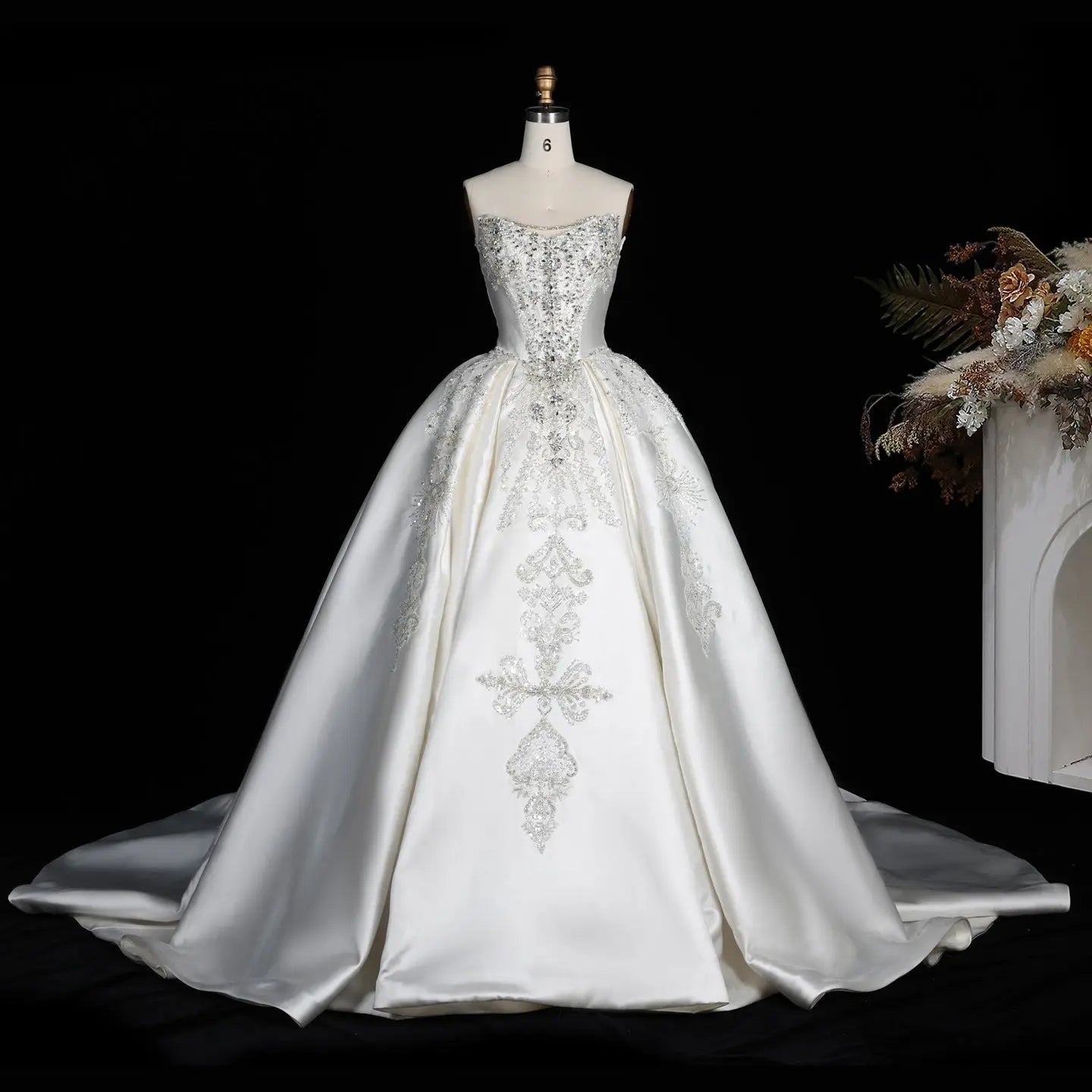 White Satin Strapless Ball Gown Wedding Dress with Luxurious Beaded Lace and Cathedral Train SW676 - White