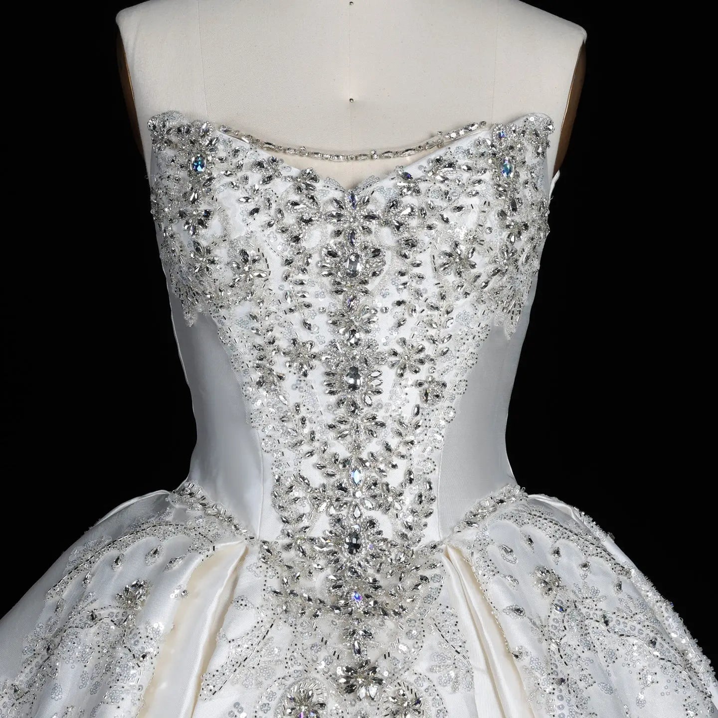 White Satin Strapless Ball Gown Wedding Dress with Luxurious Beaded Lace and Cathedral Train SW676 - White
