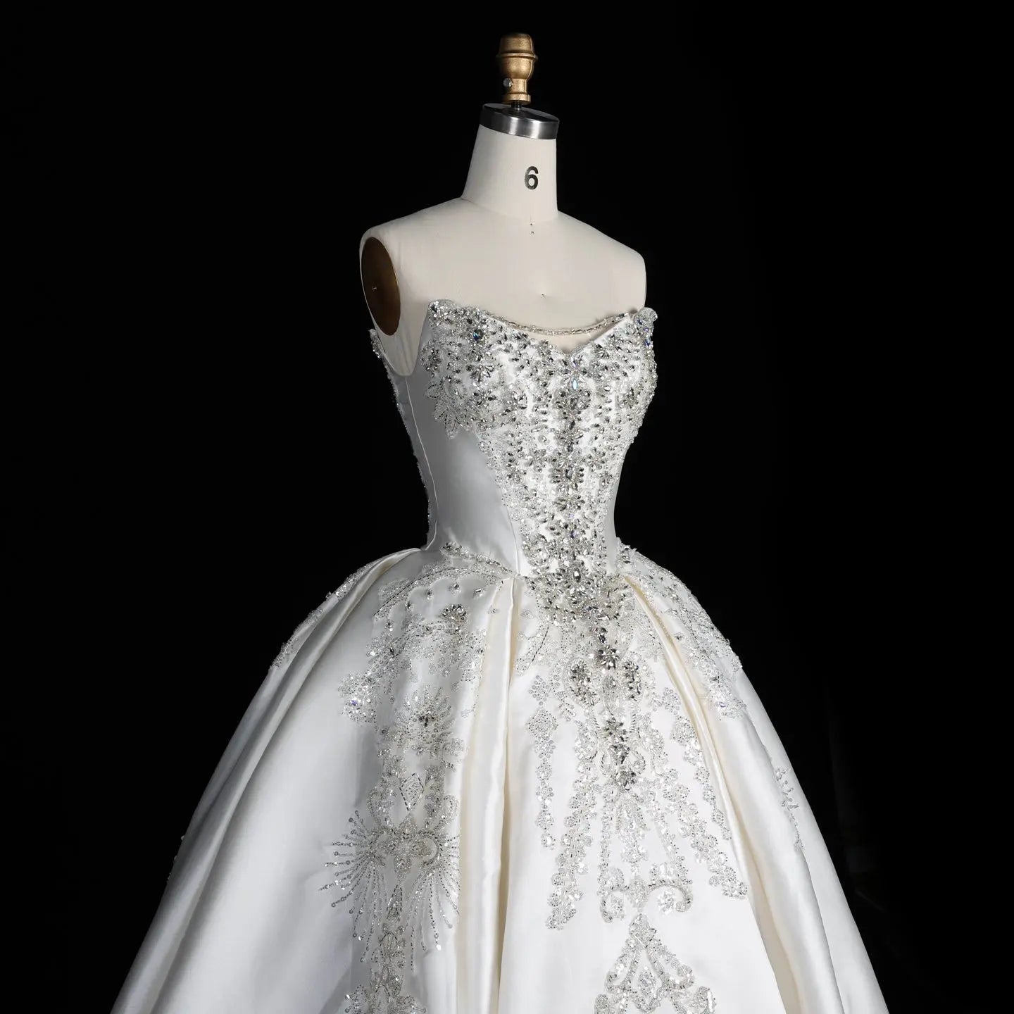 White Satin Strapless Ball Gown Wedding Dress with Luxurious Beaded Lace and Cathedral Train SW676 - White