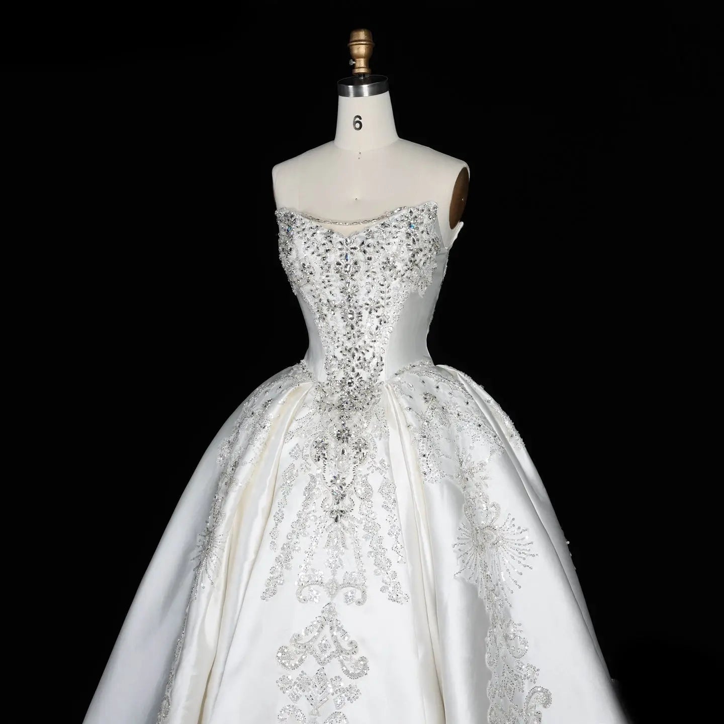 White Satin Strapless Ball Gown Wedding Dress with Luxurious Beaded Lace and Cathedral Train SW676 - White