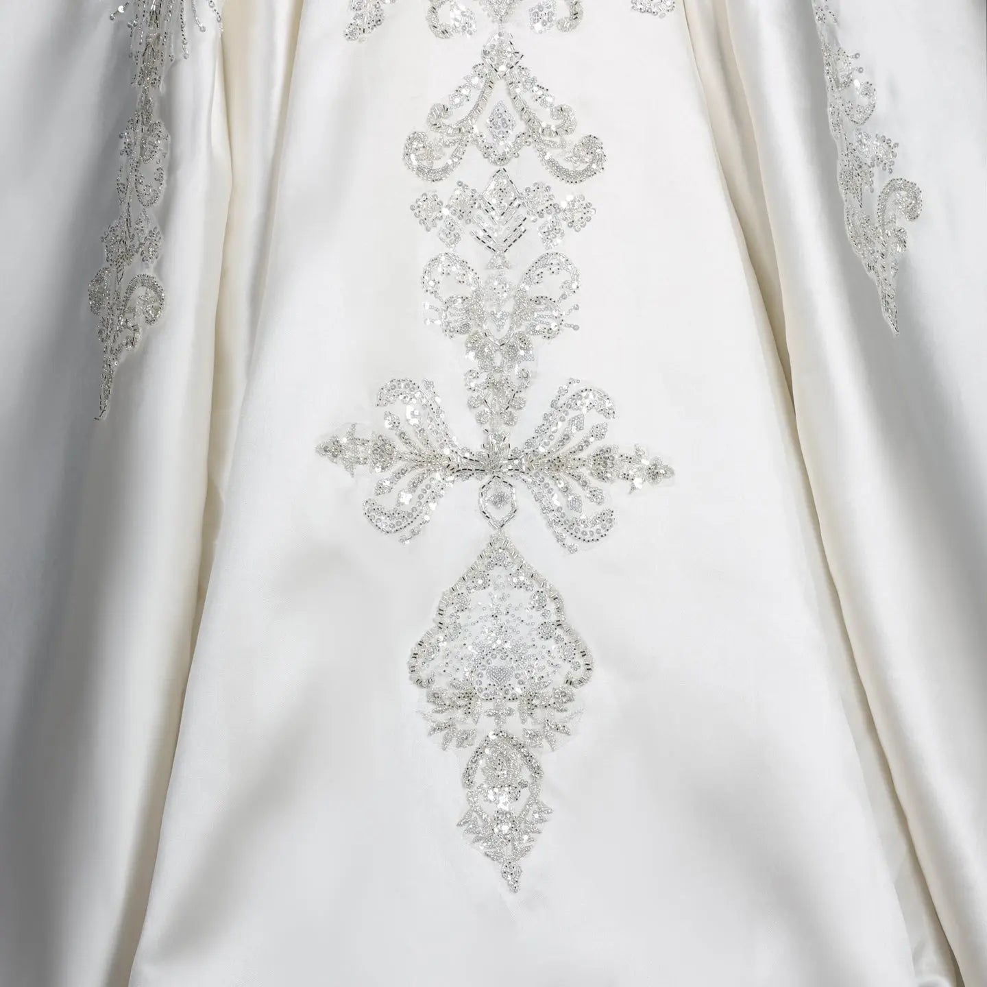 White Satin Strapless Ball Gown Wedding Dress with Luxurious Beaded Lace and Cathedral Train SW676 - White