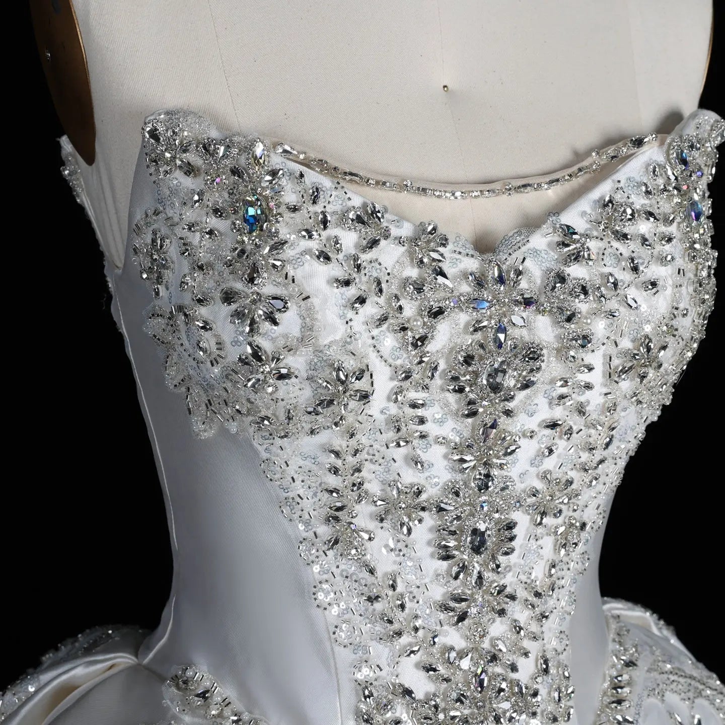 White Satin Strapless Ball Gown Wedding Dress with Luxurious Beaded Lace and Cathedral Train SW676 - White