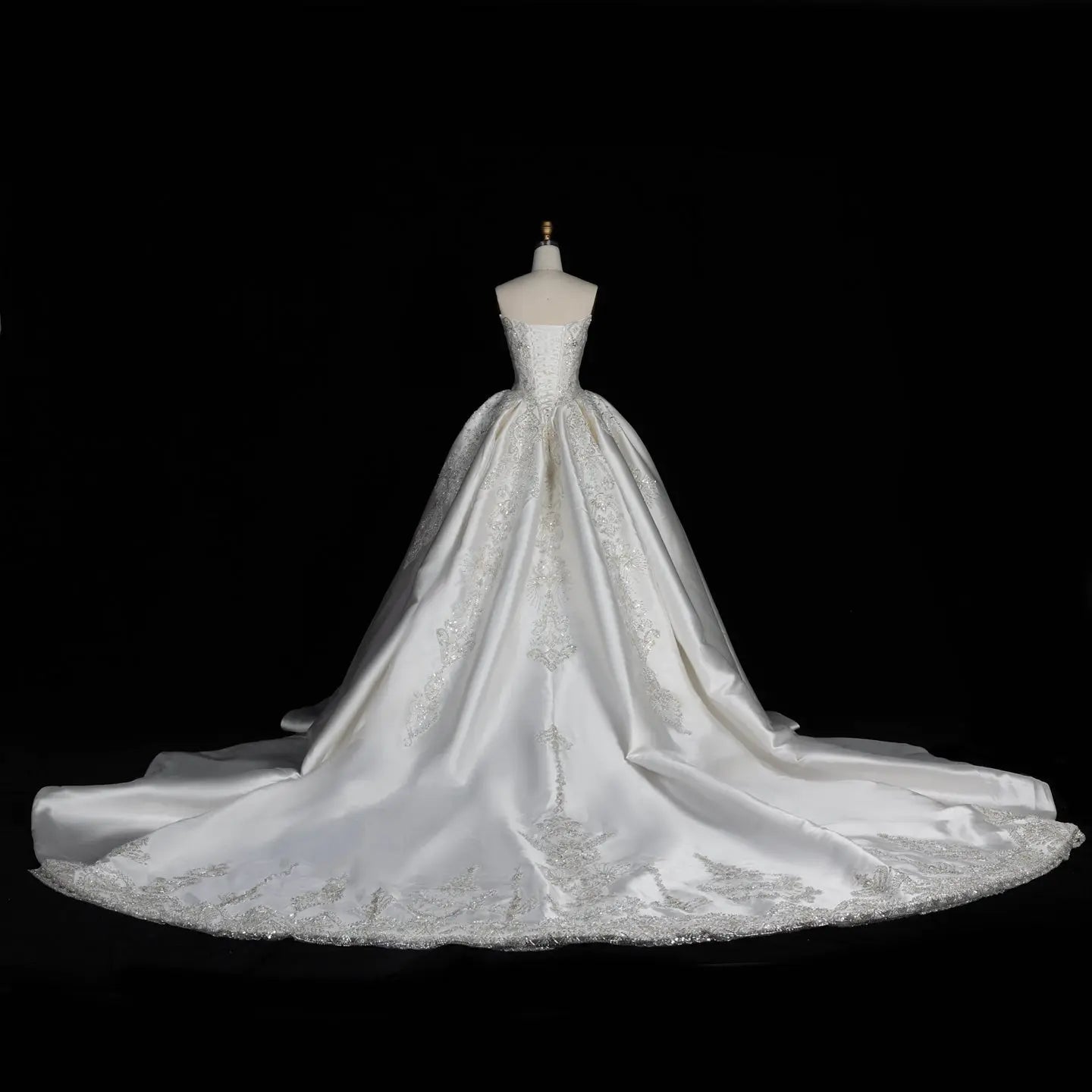 White Satin Strapless Ball Gown Wedding Dress with Luxurious Beaded Lace and Cathedral Train SW676