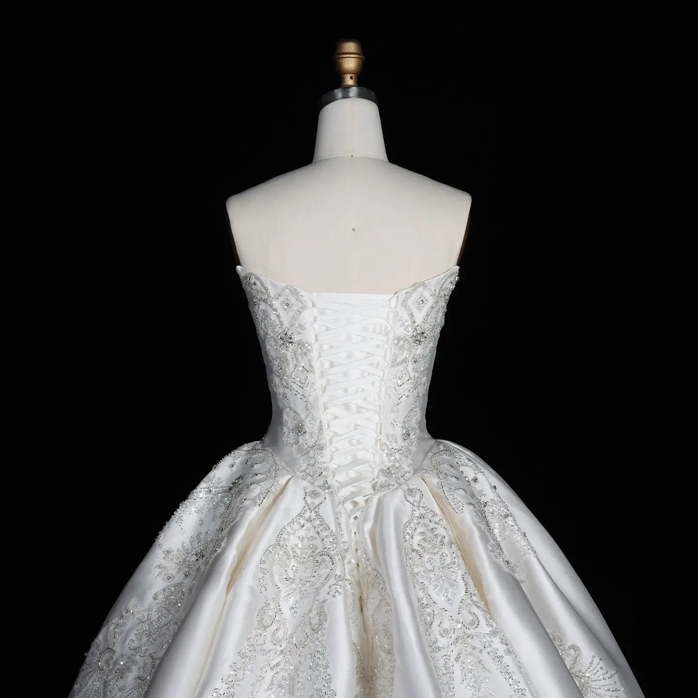 White Satin Strapless Ball Gown Wedding Dress with Luxurious Beaded Lace and Cathedral Train SW676