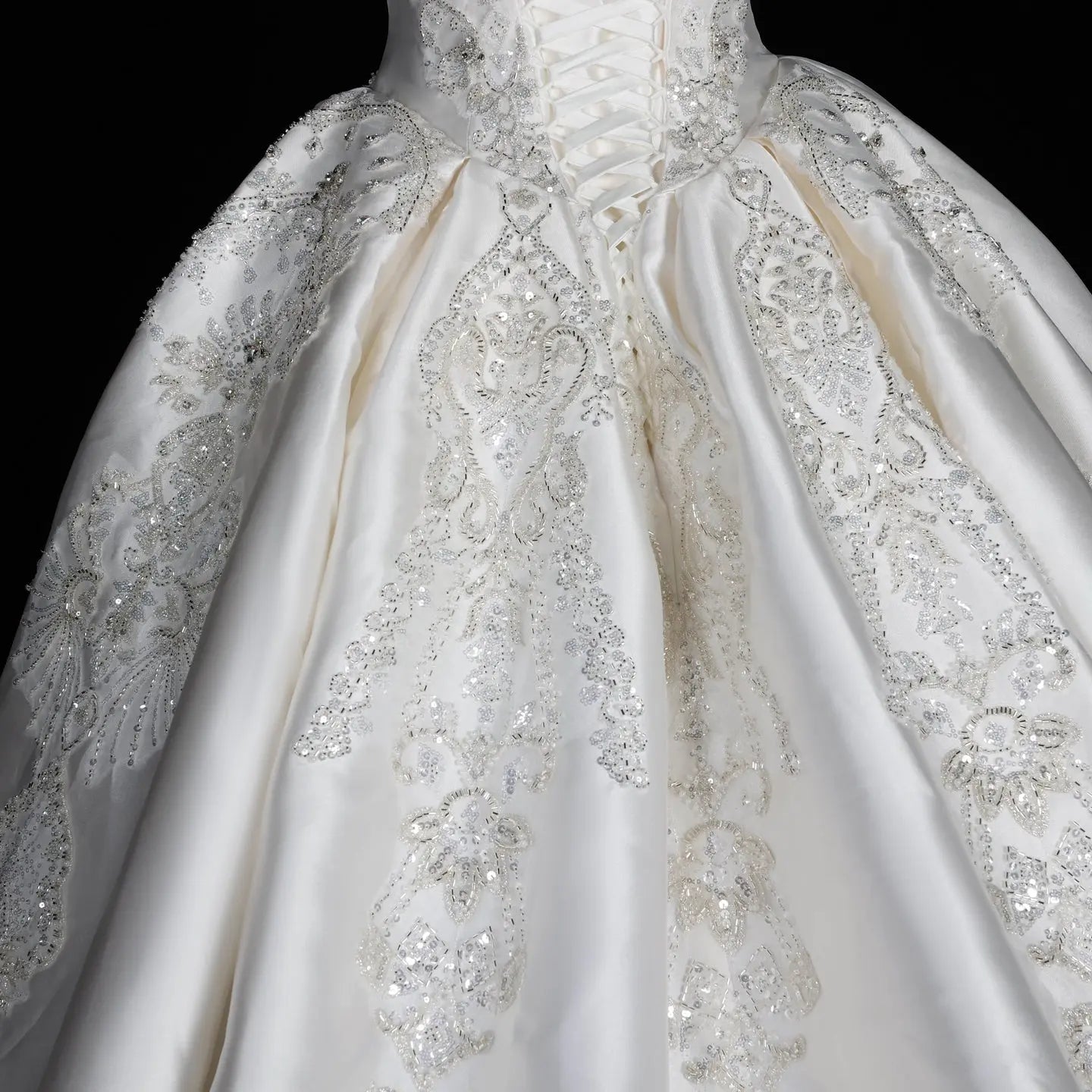 White Satin Strapless Ball Gown Wedding Dress with Luxurious Beaded Lace and Cathedral Train SW676