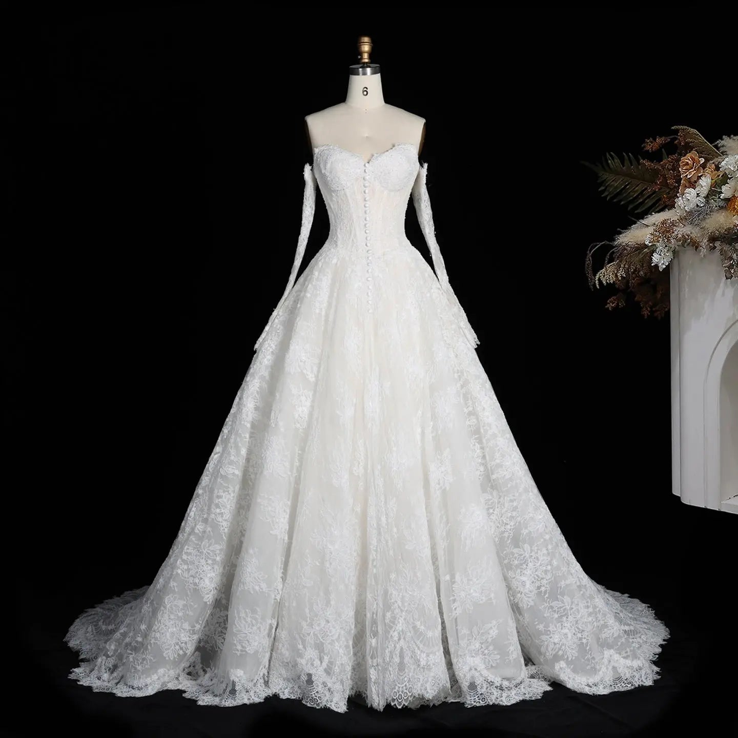 White Floral Lace Ball Gown Wedding Dress with Sweetheart Neckline and Detachable Long Sleeves SW677 - White