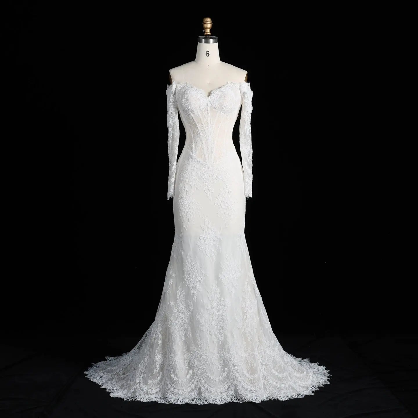 White Lace Mermaid Wedding Dress Off the Shoulder with Detachable Train and Long Sleeves SW678 - White