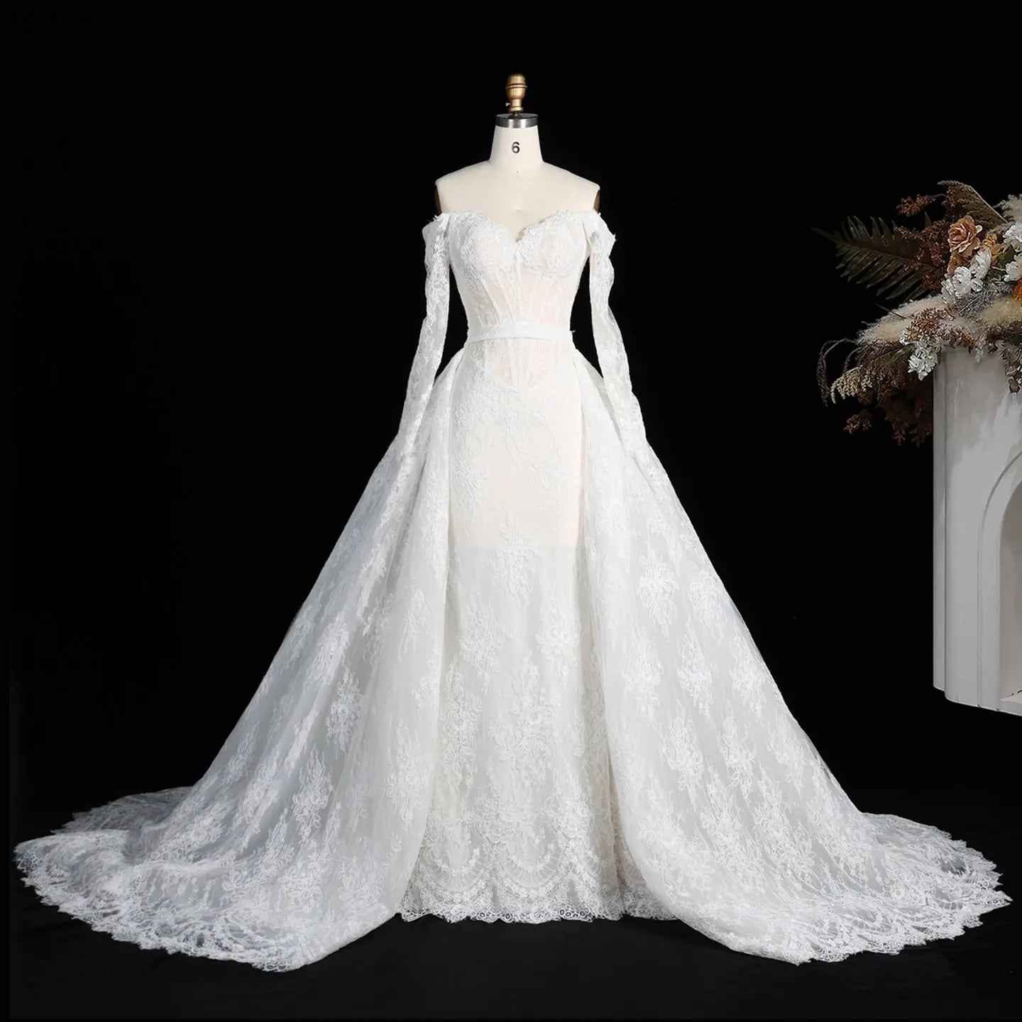 White Lace Mermaid Wedding Dress Off the Shoulder with Detachable Train and Long Sleeves SW678 - White