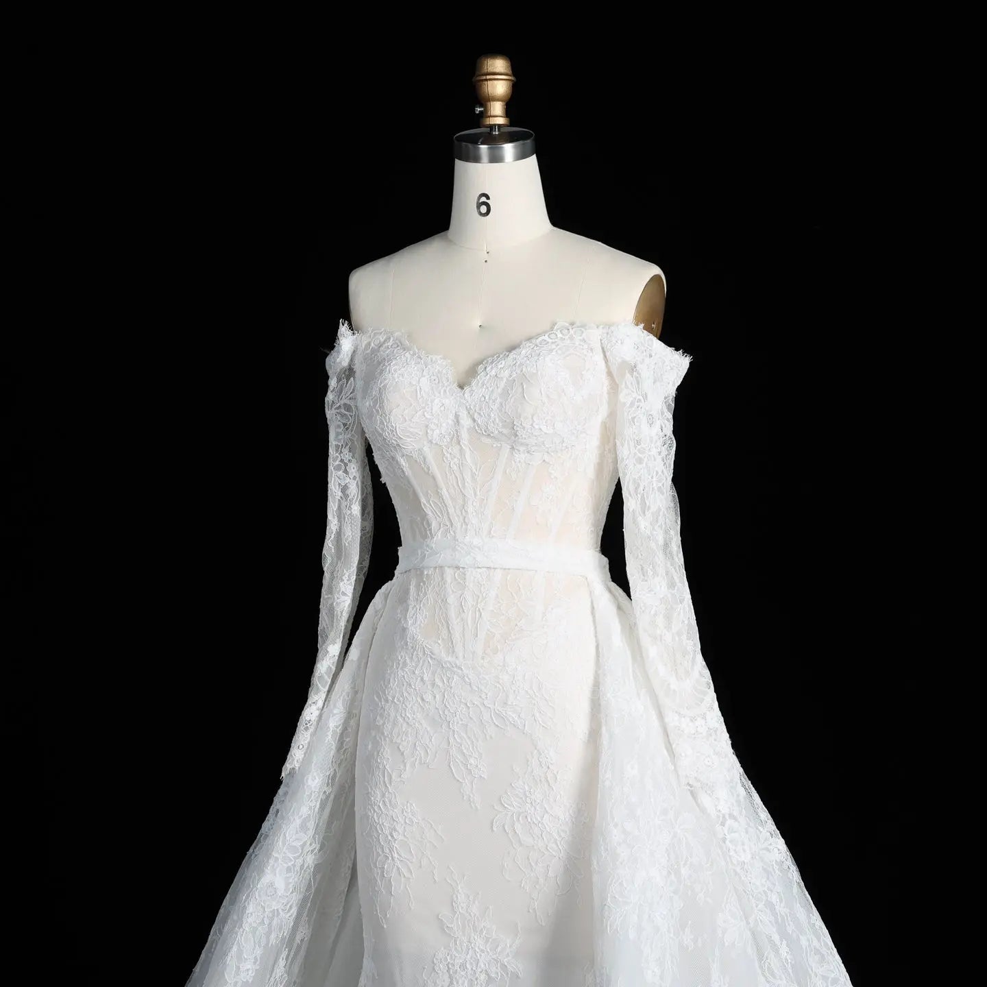White Lace Mermaid Wedding Dress Off the Shoulder with Detachable Train and Long Sleeves SW678 - White