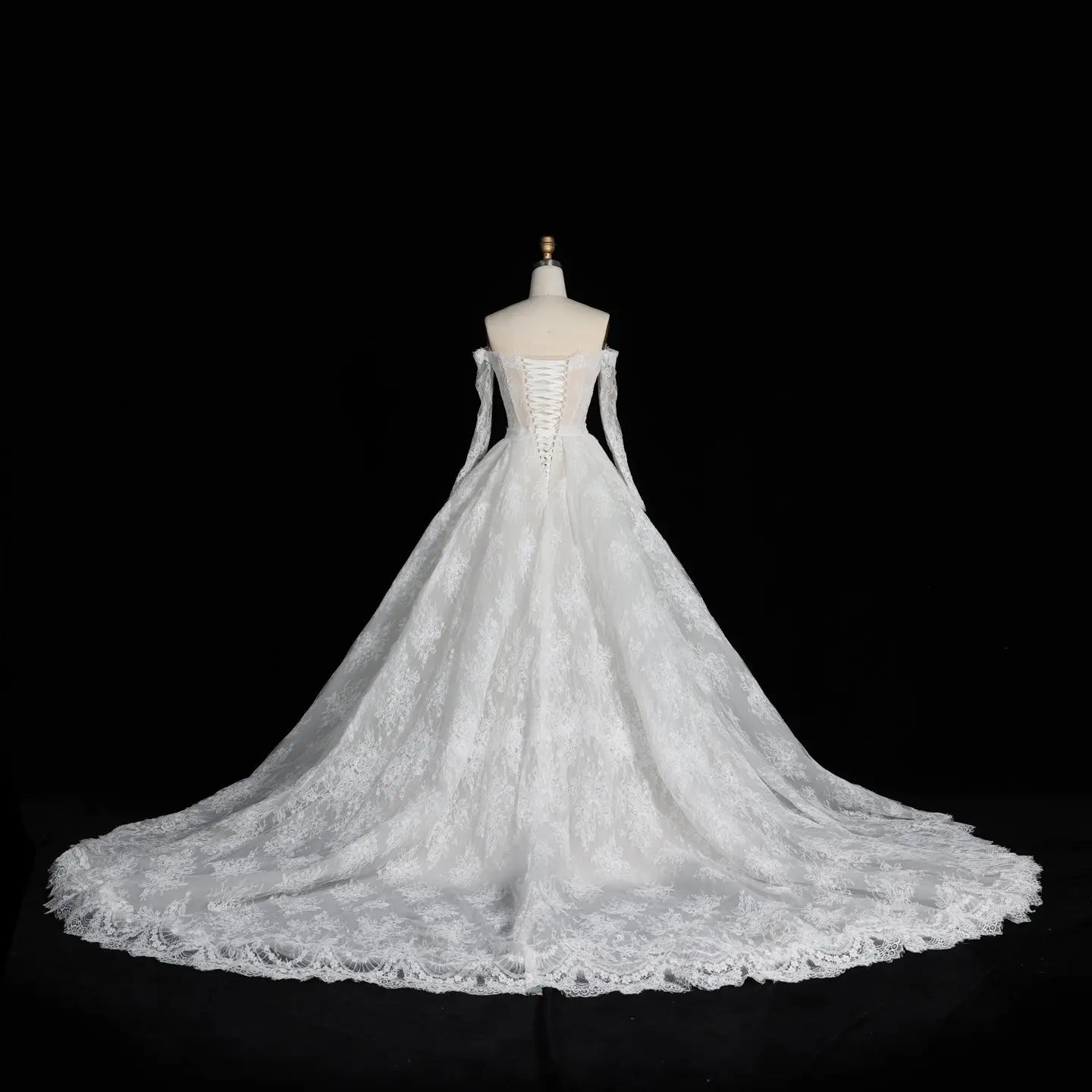 White Lace Mermaid Wedding Dress Off the Shoulder with Detachable Train and Long Sleeves SW678 - White