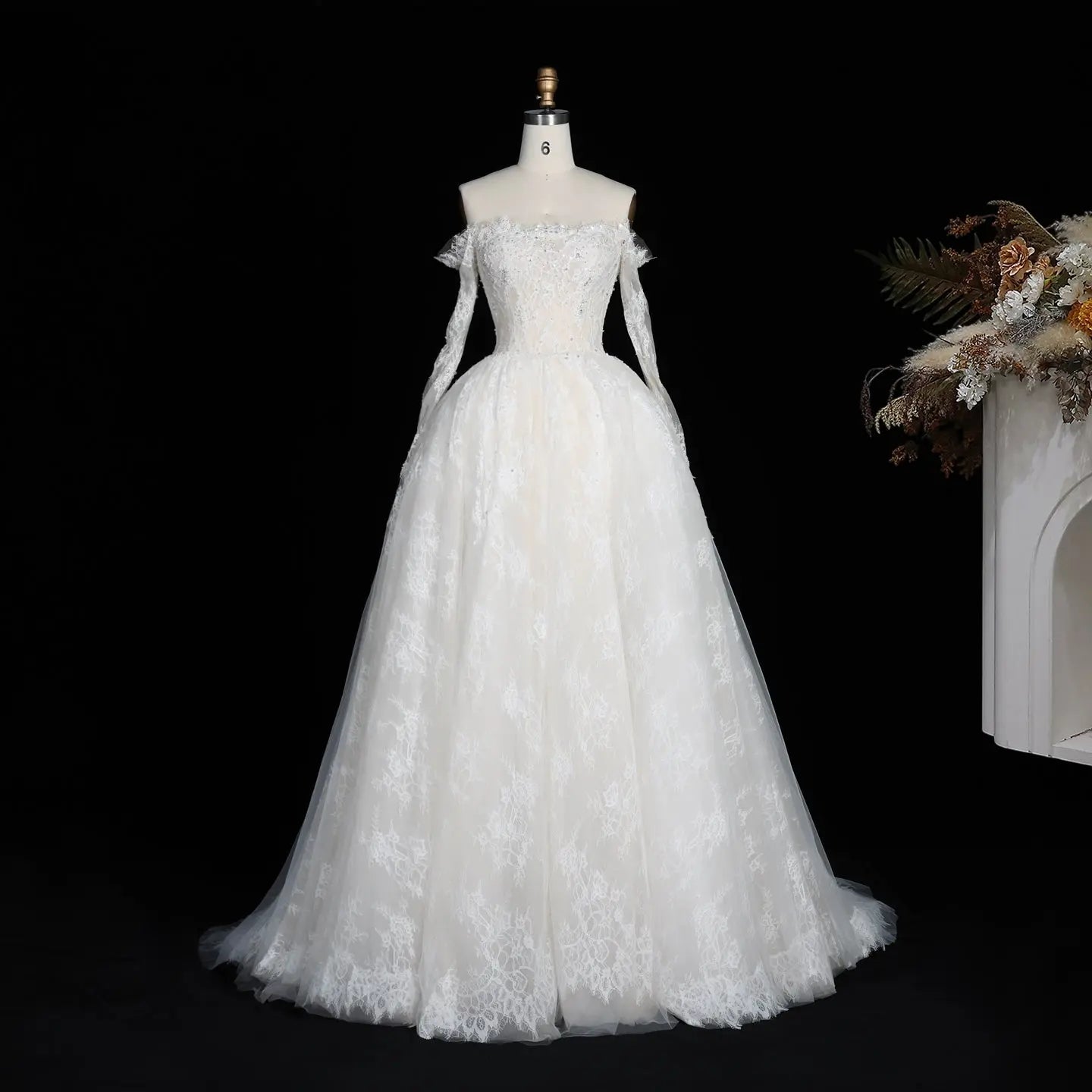 White Lace and Tulle Ball Gown Wedding Dress Off the Shoulder Beaded Bridal Dress SW679 - White