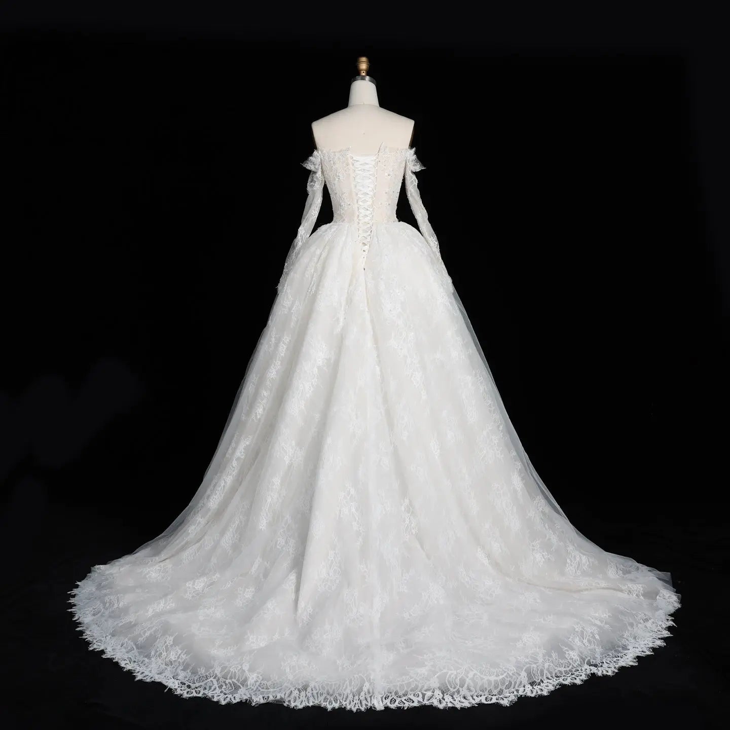 White Lace and Tulle Ball Gown Wedding Dress Off the Shoulder Beaded Bridal Dress SW679 - White