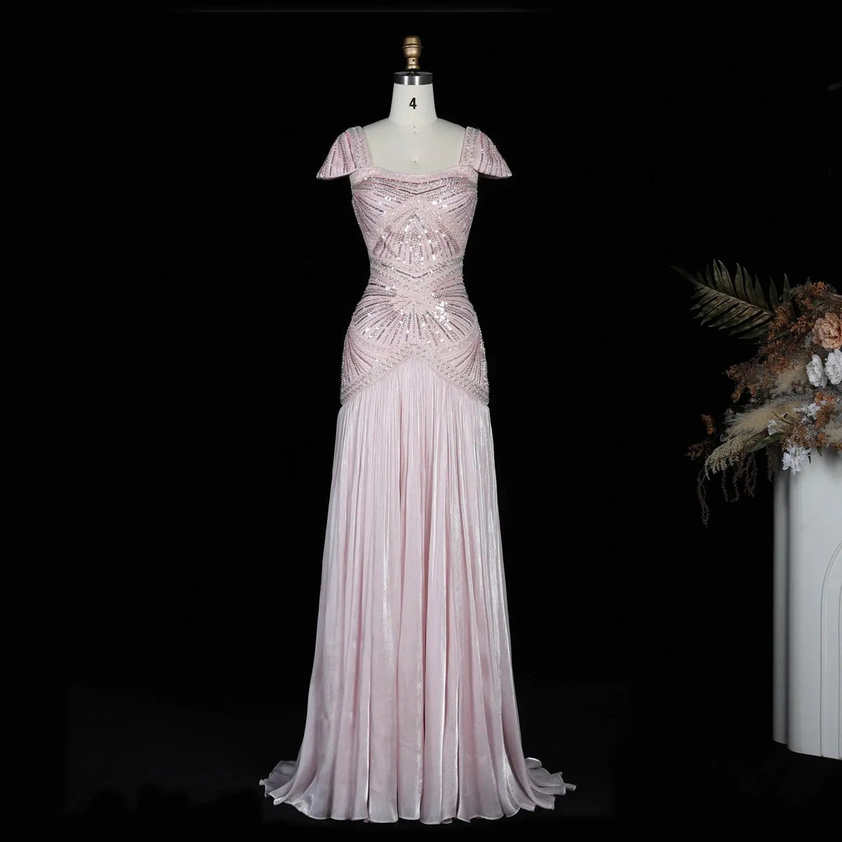 Rust Red Sequin Cap Sleeve Pleated Formal Evening Gown SS325