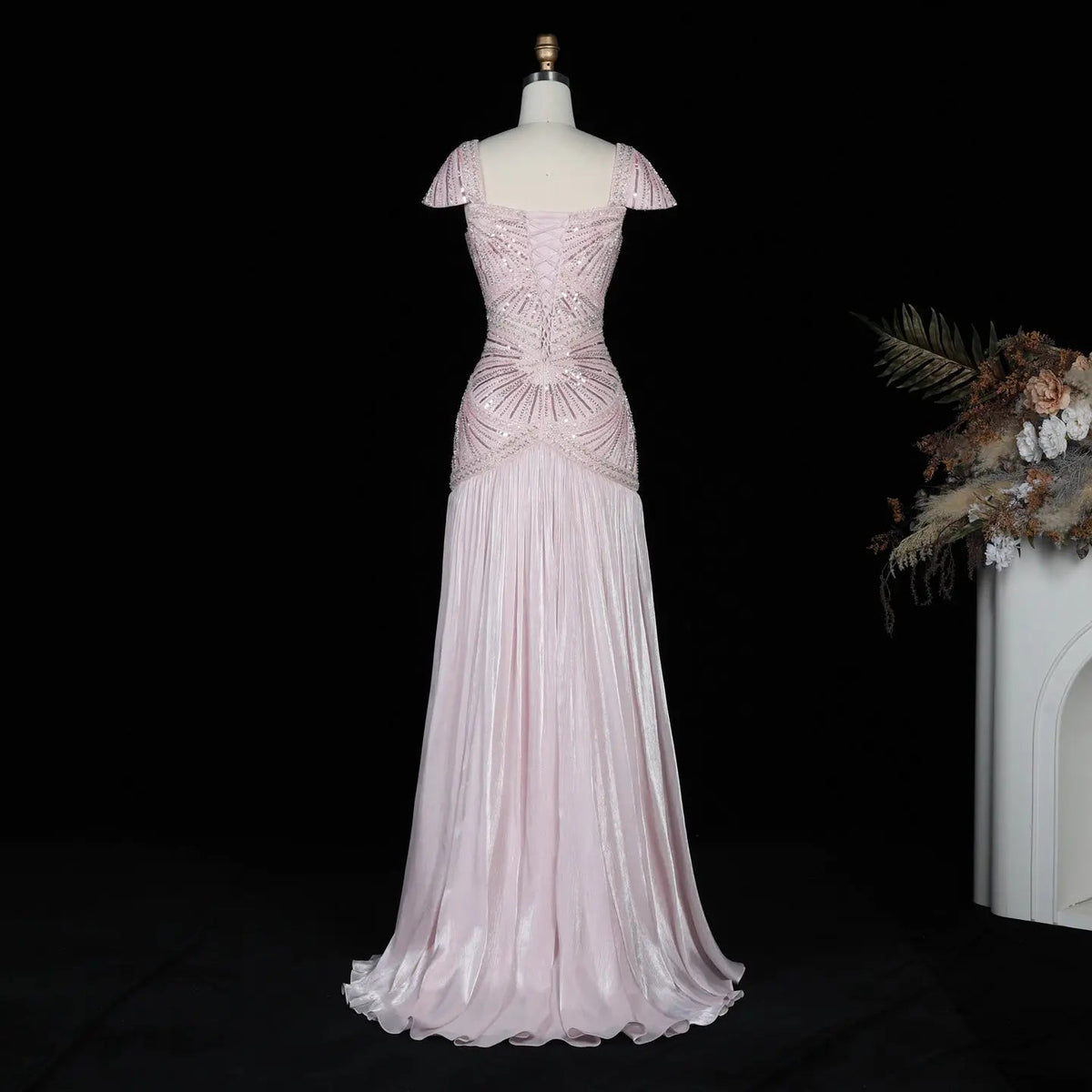 Rust Red Sequin Cap Sleeve Pleated Formal Evening Gown SS325