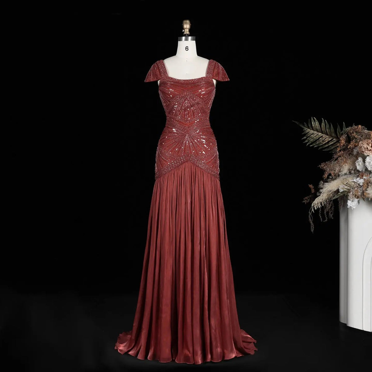 Rust Red Sequin Cap Sleeve Pleated Formal Evening Gown SS325