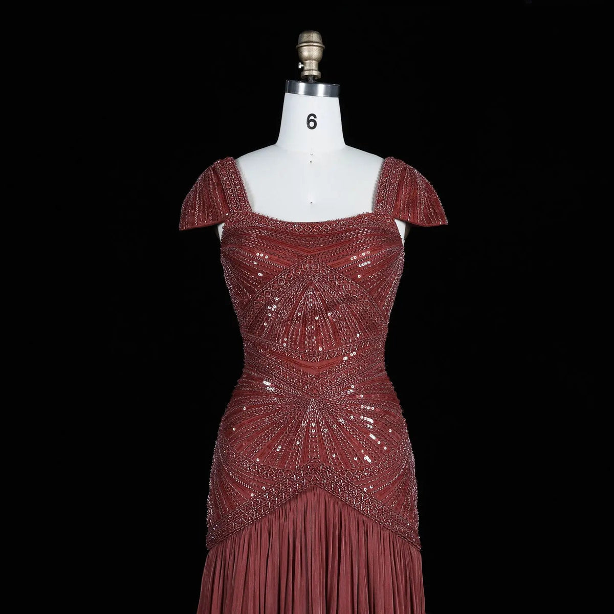 Rust Red Sequin Cap Sleeve Pleated Formal Evening Gown SS325