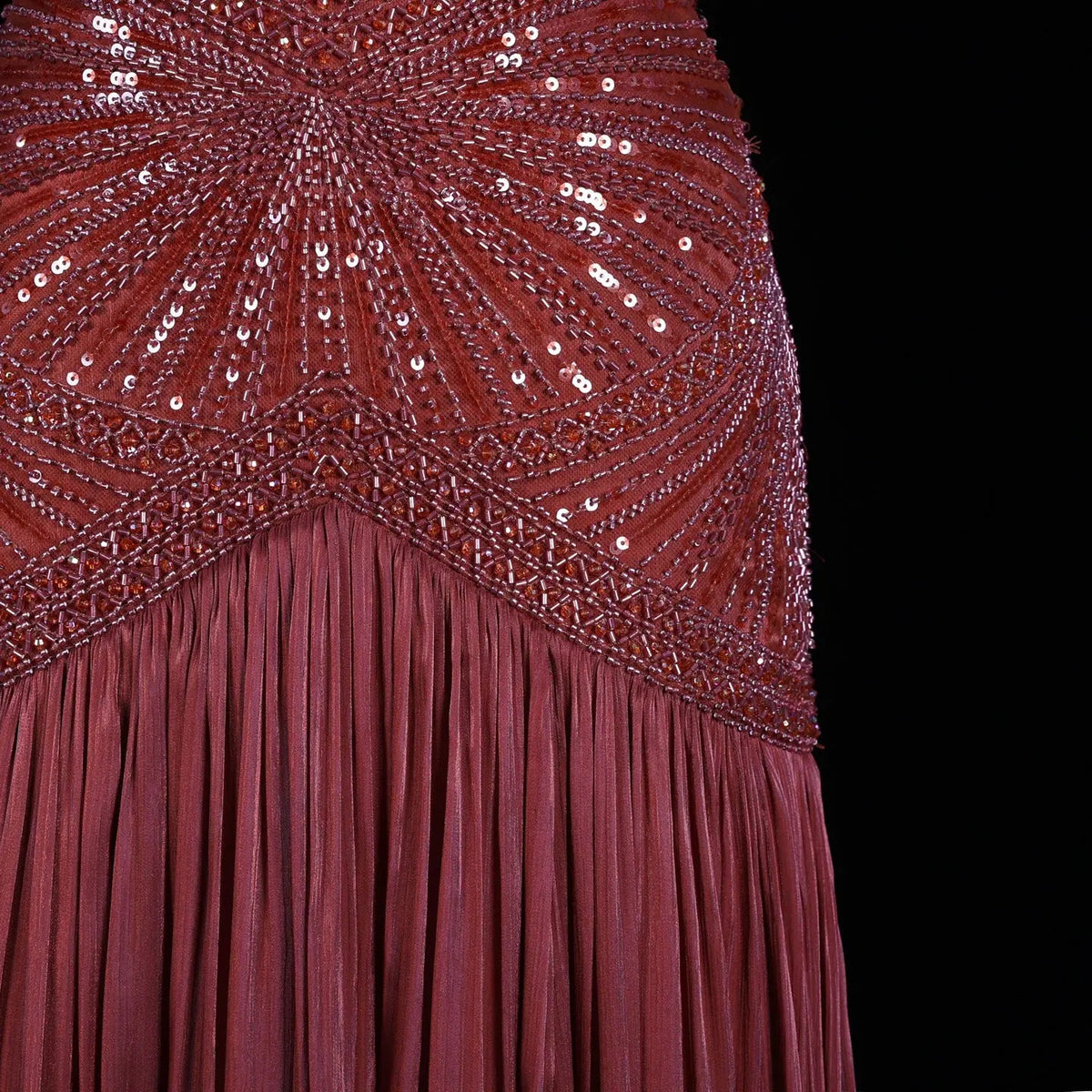 Rust Red Sequin Cap Sleeve Pleated Formal Evening Gown SS325