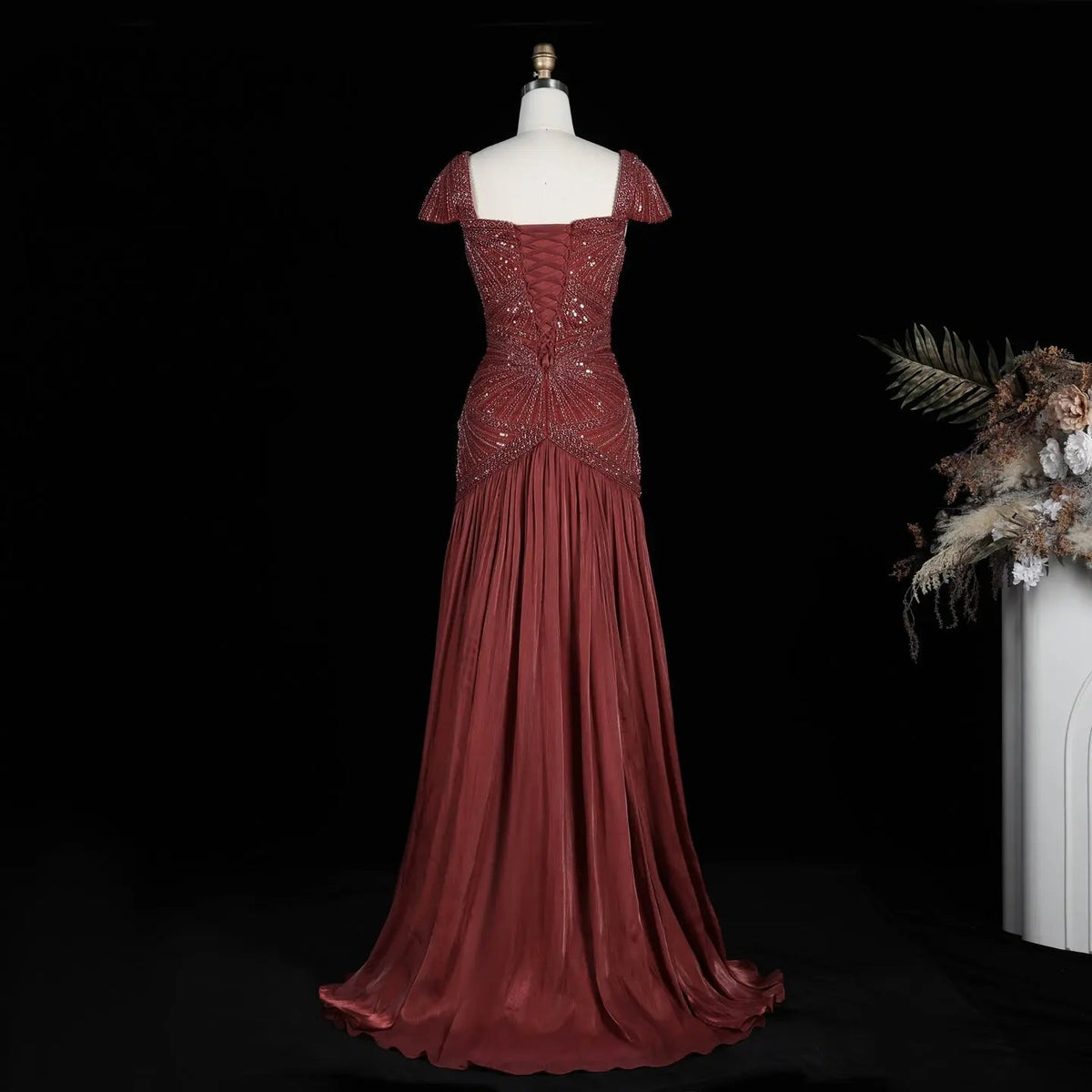 Rust Red Sequin Cap Sleeve Pleated Formal Evening Gown SS325