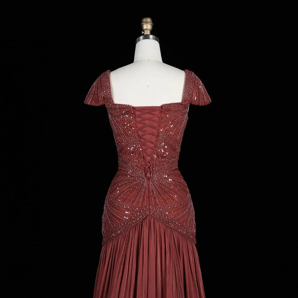 Rust Red Sequin Cap Sleeve Pleated Formal Evening Gown SS325