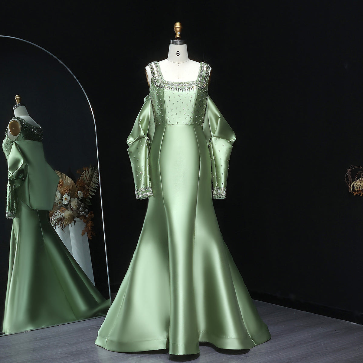 Dreamy Green Mermaid Beaded Evening Dress with Removable Sleeves SS574