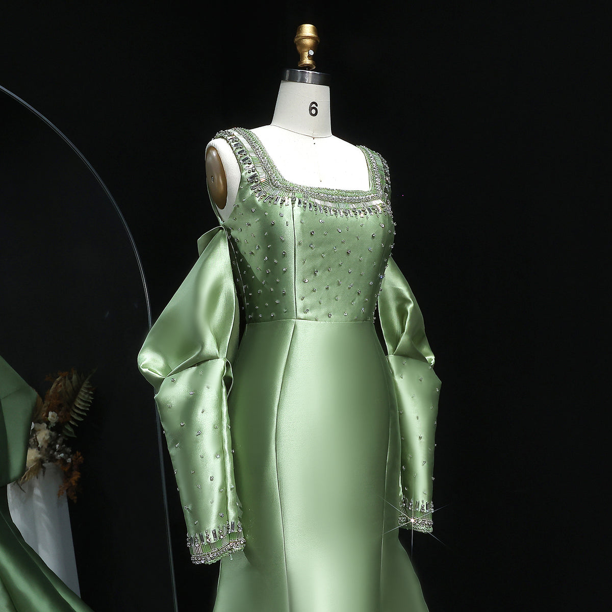 Dreamy Green Mermaid Beaded Evening Dress with Removable Sleeves SS574