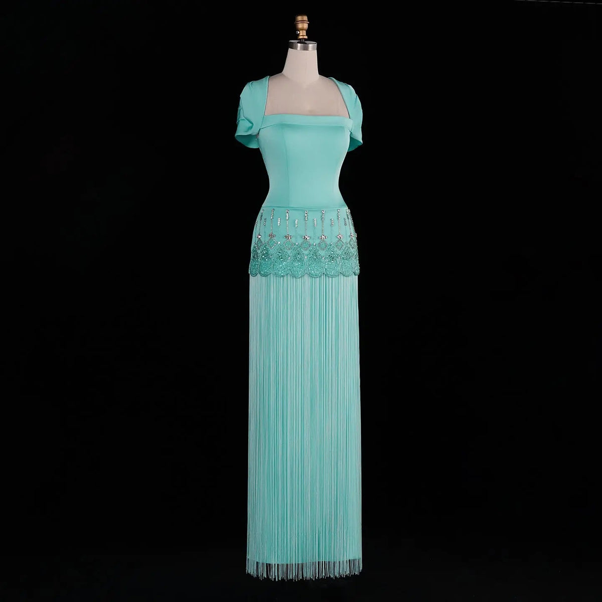 Aqua Blue Drop Waist Crystal Beaded Sheath Dress with Flowing Long Tassels SS292