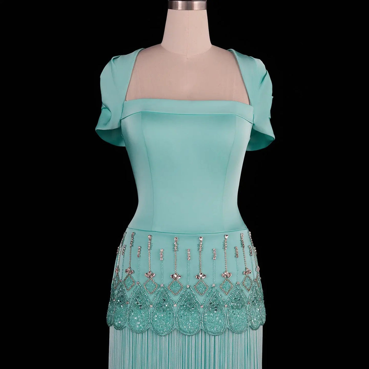 Aqua Blue Drop Waist Crystal Beaded Sheath Dress with Flowing Long Tassels SS292