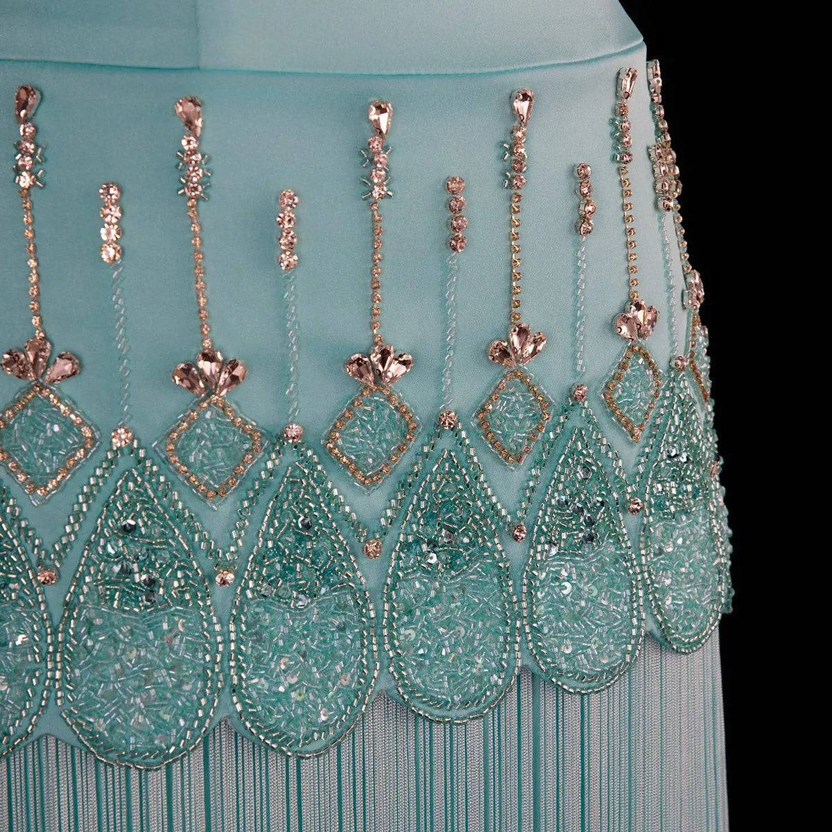 Aqua Blue Drop Waist Crystal Beaded Sheath Dress with Flowing Long Tassels SS292