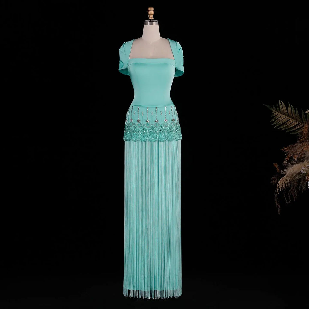 Aqua Blue Drop Waist Crystal Beaded Sheath Dress with Flowing Long Tassels SS292