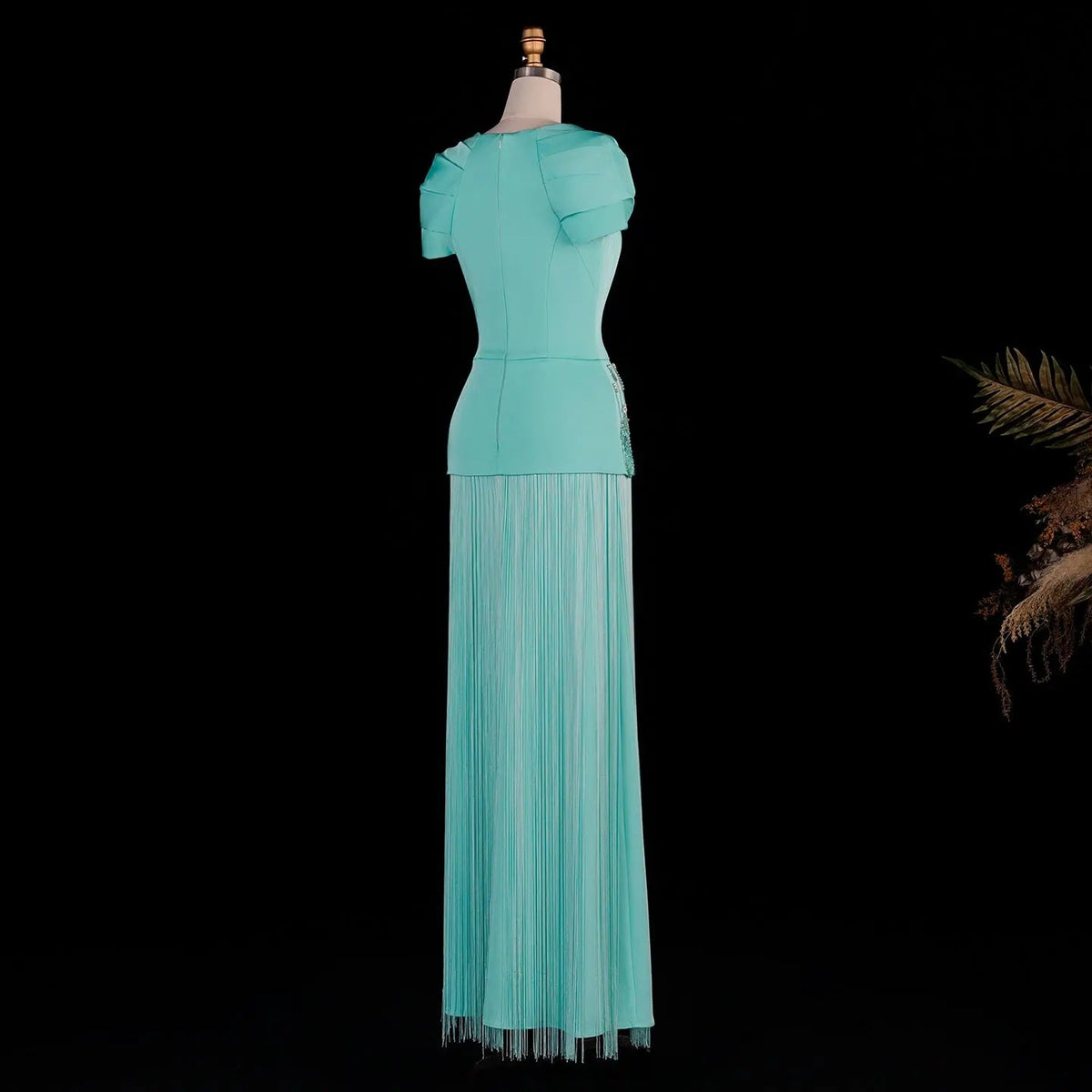 Aqua Blue Drop Waist Crystal Beaded Sheath Dress with Flowing Long Tassels SS292