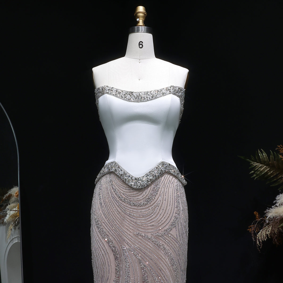 Chic White Crystal Beaded Wave Pattern Mermaid Evening Dress SS790